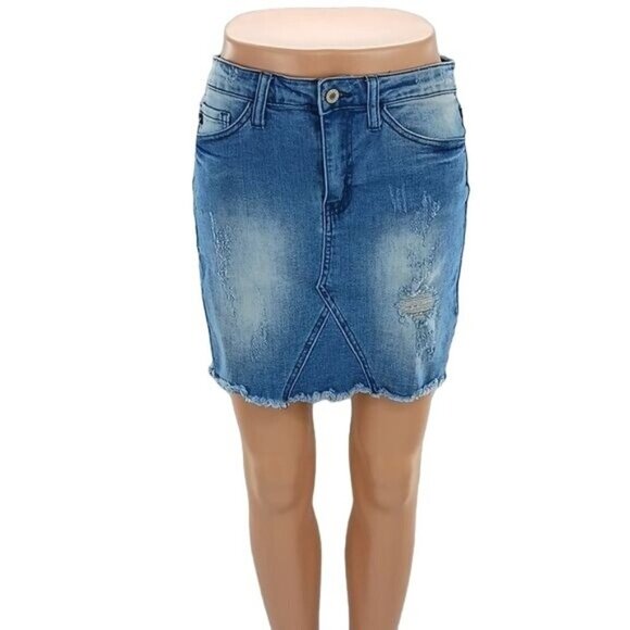 KanCan Distressed Denim Mini Skirt Womens Size 1 Blue Raw Hem Jean Skirt Casual - Picture 1 of 5